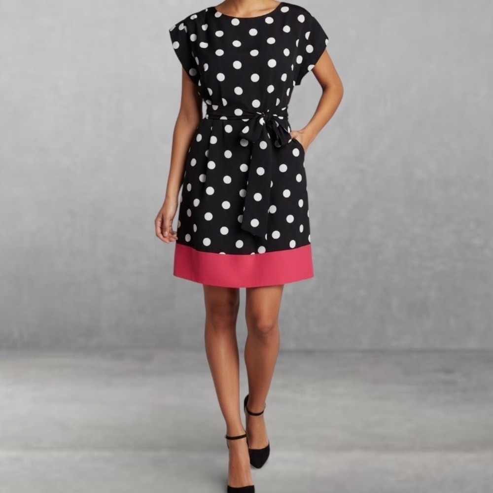 Eliza J Polka Dot Mini Dress Belted Crepe Black size 4